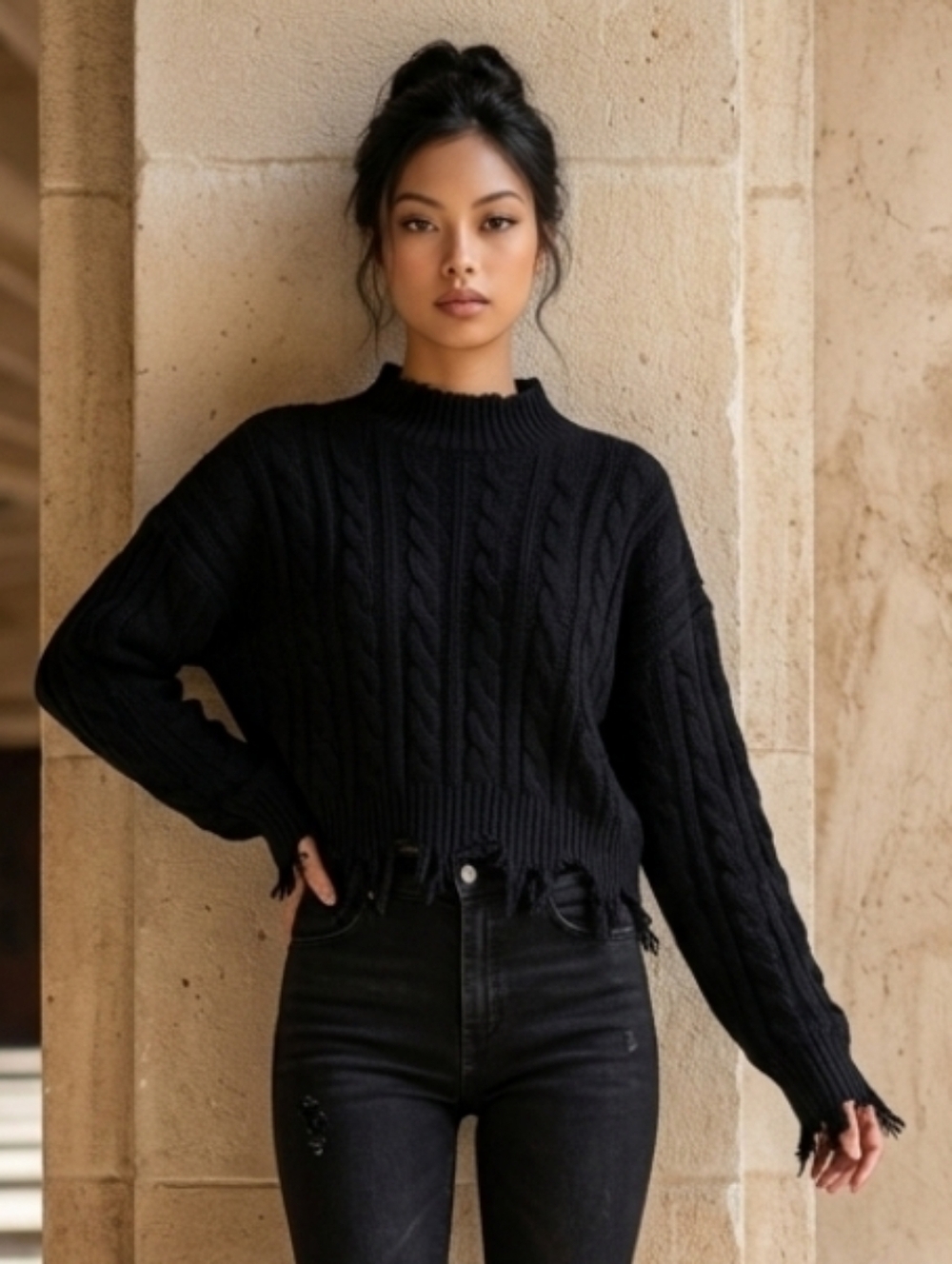 Newbury Kustom Solid Black Fringe Detail Crew Neck Sweater Boho Flair Size Large